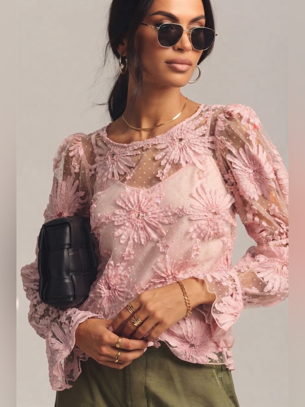 NWT Anthropologie Eva Franco Pink Lace Floral Boho Blouse Size Medium